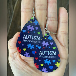 Autism Awareness Puzzle Pieces Teardrop Faux Leather Die-Cut Earrings